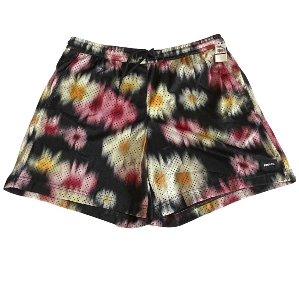 RSQ Mens Floral Mesh Shorts Black Pink Yellow Daisy Print 6in Inseam Large NEW